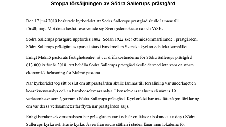 Stoppa försäljningen av Södra Sallerups prästgård