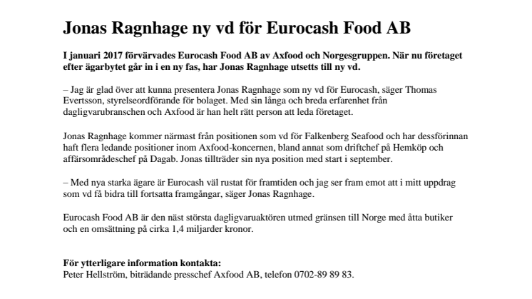      Jonas Ragnhage ny vd för Eurocash Food AB