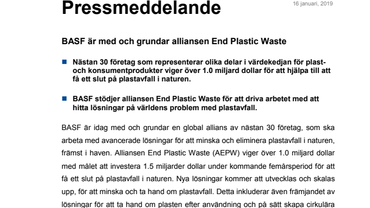 BASF medgrundare av alliansen End Plastic Waste
