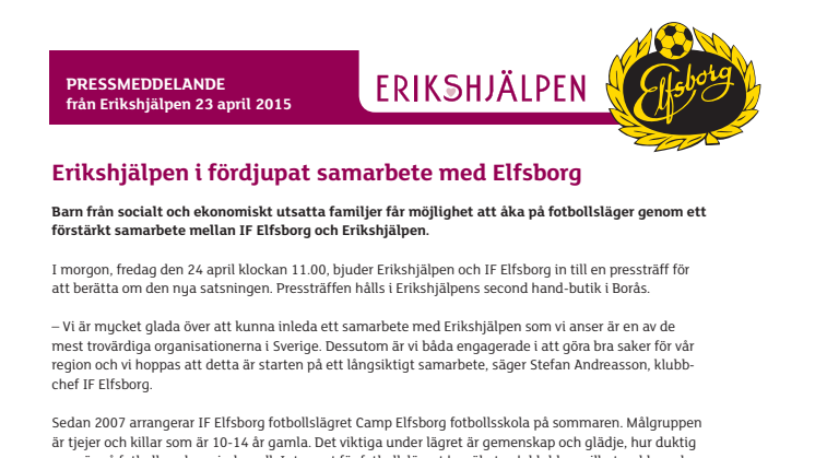 Erikshjälpen i fördjupat samarbete med Elfsborg