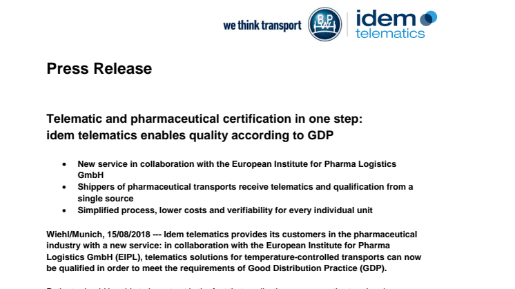 Telematic and pharmaceutical certification in one step:  idem telematics enables quality according to GDP  