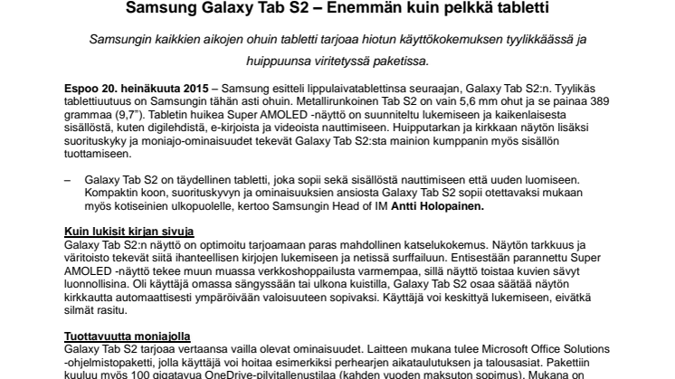 Samsung Galaxy Tab S2 – Enemmän kuin pelkkä tabletti