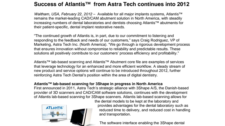 Success of Atlantis™ from Astra Tech continues into 2012