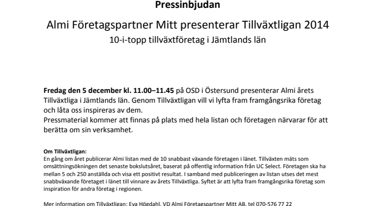 Pressinbjudan: Almi Företagspartner Mitt presenterar Tillväxtligan Jämtland 2014
