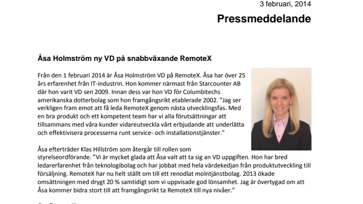 Åsa Holmström ny VD på snabbväxande RemoteX