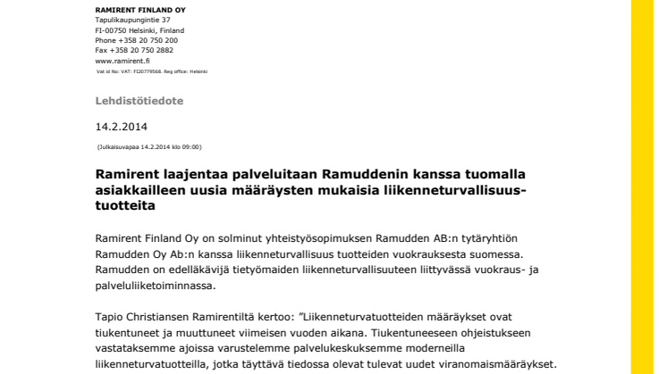 Ramirent Finland Oy on solminut yhteistyösopimuksen Ramudden Oy Ab:n 