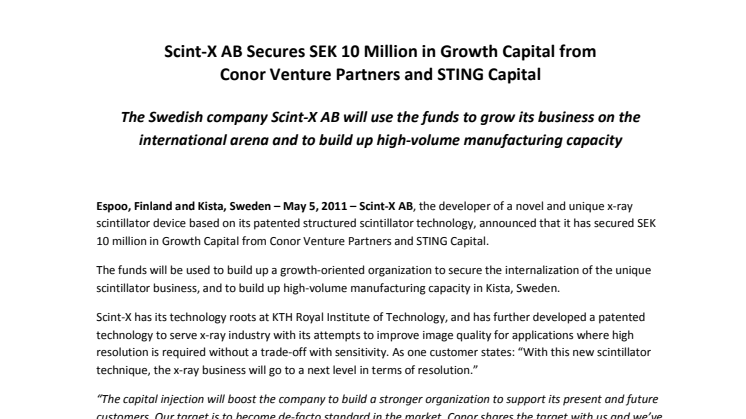 Scint-X AB Secures SEK 10 Million in Growth Capital from Conor Venture Partners and STING Capital