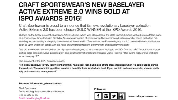 Craft Sportswear's new baselayer Active Extreme 2.0 wins GOLD at ISPO Awards 2016!