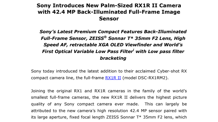 Sony julkaisee uuden kämmenen kokoisen RX1R II -kameran varustettuna jopa 42,4 Mp taustavalaistulla täyden kinokoon kuvakennolla 