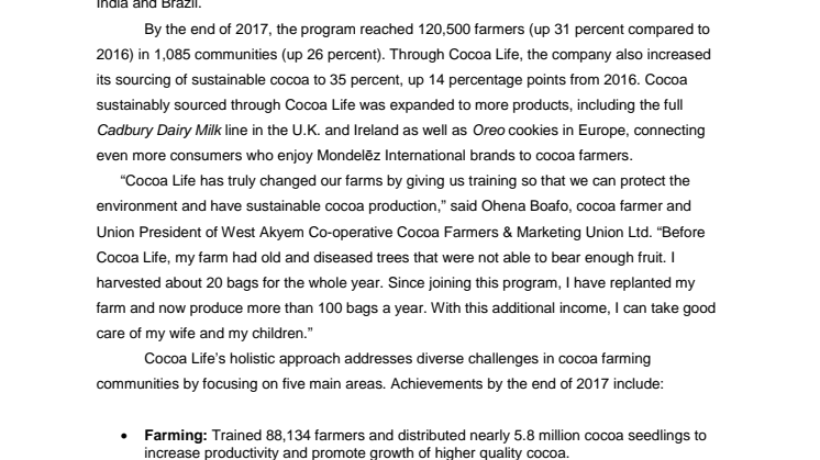 Mondelēz International Reports Rapid Growth of Cocoa Life Sustainable Sourcing Program