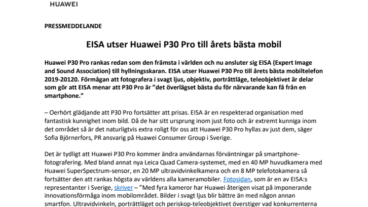 EISA utser Huawei P30 Pro till årets bästa mobil