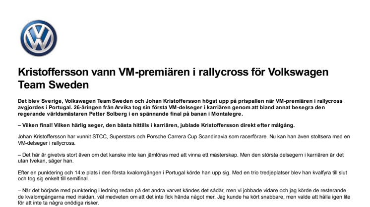 Kristoffersson vann VM-premiären i rallycross för Volkswagen Team Sweden