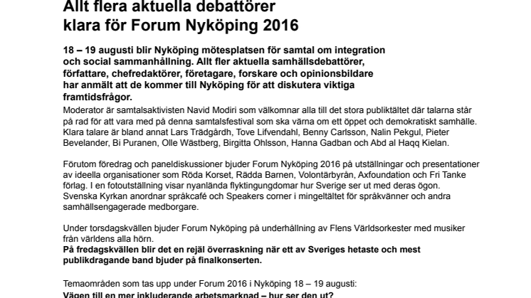 Allt flera aktuella debattörer  klara för Forum Nyköping 2016