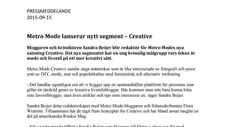 Metro Mode lanserar nytt segment – Creative