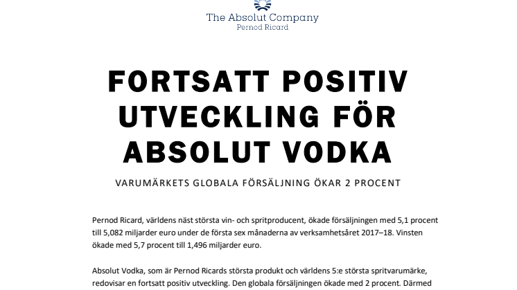 Fortsatt positiv utveckling för Absolut Vodka