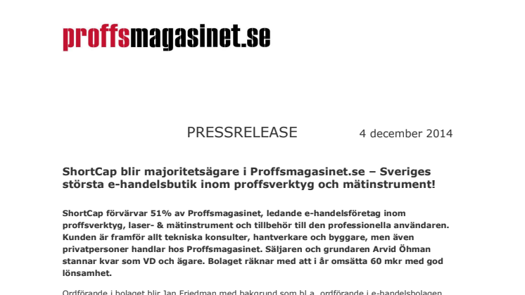 ShortCap blir majoritetsägare i Proffsmagasinet.se