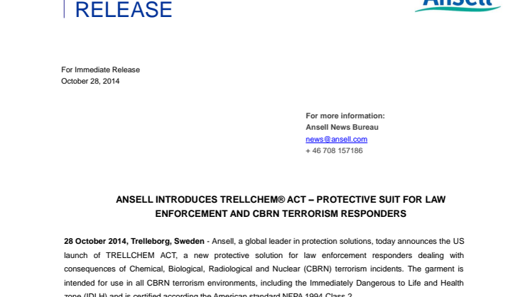 ANSELL INTRODUCES TRELLCHEM® ACT – PROTECTIVE SUIT FOR LAW ENFORCEMENT AND CBRN TERRORISM RESPONDERS