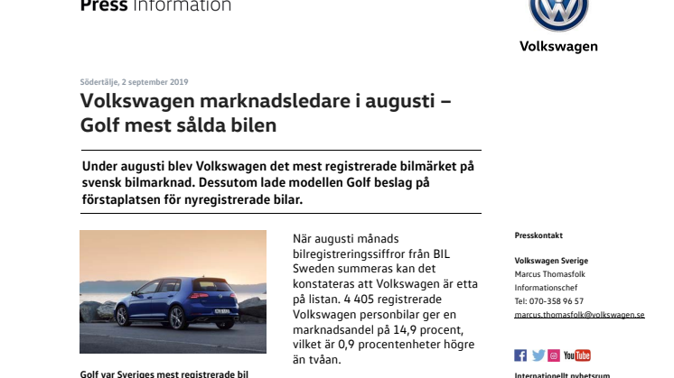 Volkswagen marknadsledare i augusti – Golf mest sålda bilen