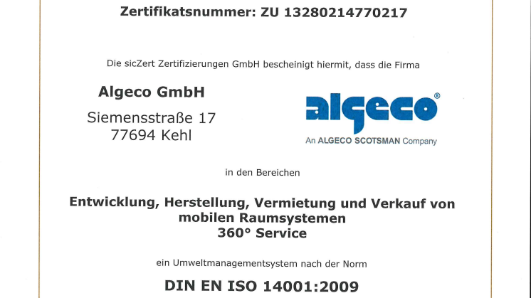 Algeco nach DIN EN ISO 14001 zertifiziert