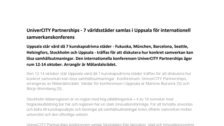 UniverCITY Partnerships - 7 världsstäder samlas i Uppsala för internationell samverkanskonferens 