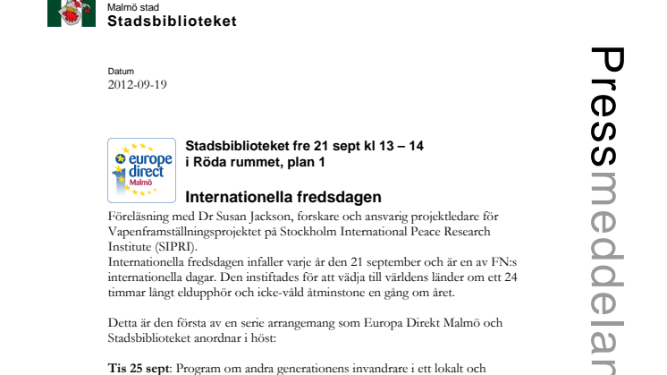 Stadsbiblioteket i Malmö: Internationella fredsdagen