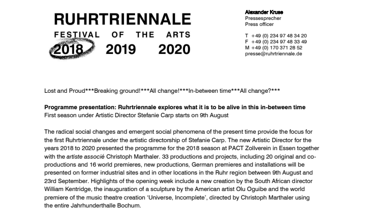 Programme presentation: Ruhrtriennale explores what it is to be alive in this in-between time 