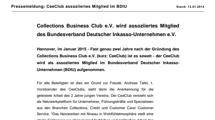 Collections Business Club e.V. wird assoziiertes Mitglied des Bundesverband Deutscher Inkasso-Unternehmen e.V.