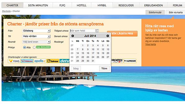 Sök charter på exakt datum