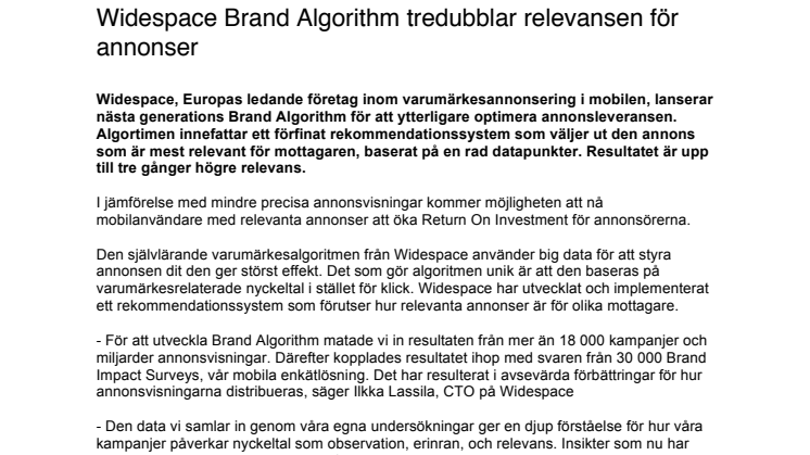 Widespace Brand Algorithm tredubblar relevansen för annonser 