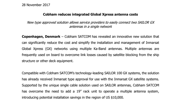 Cobham SATCOM: Cobham reduces integrated Global Xpress antenna costs