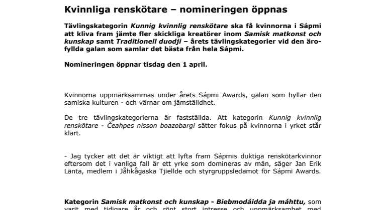 Kvinnliga renskötare, samiska kockar och traditionell duodji - dags för Sápmi Awards