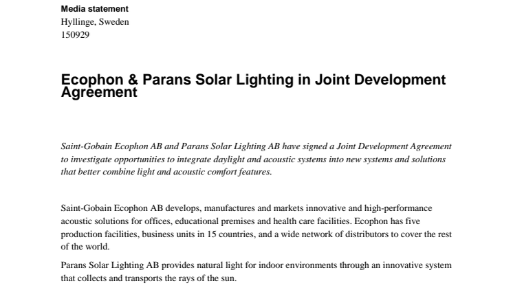 Ecophon & Parans Solar Lighting in Joint Development Agreement