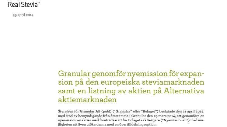 Granular AB: Nyemission för expansion på den europeiska steviamarknaden samt listning på Alternativa aktiemarknaden