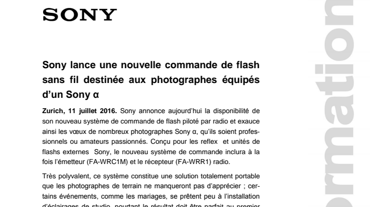 ​Sony lance une nouvelle commande de flash sans fil destinée aux photographes équipés d’un Sony α