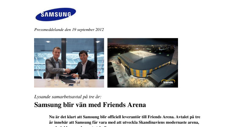 Lysande samarbetsavtal på tre år: Samsung blir vän med Friends Arena