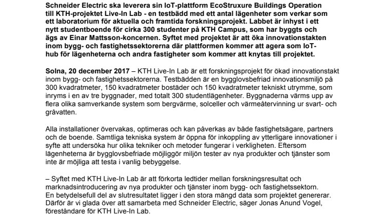 Schneider Electric levererar IoT-plattform till nytt forskningsprojekt