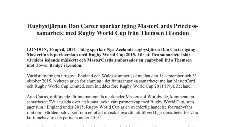 Rugbystjärnan Dan Carter sparkar igång MasterCards Priceless-samarbete med Rugby World Cup från Themsen i London
