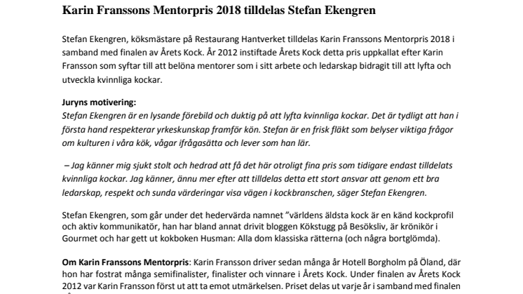 Karin Franssons Mentorpris 2018 tilldelas Stefan Ekengren
