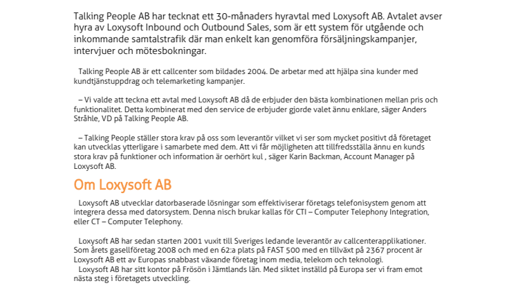 Talking People AB tecknar ett hyravtal på 30 månader med Loxysoft AB