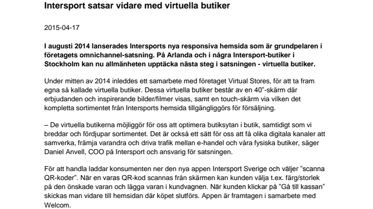 Intersport satsar vidare med virtuella butiker