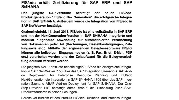Lösung zur Dokumentenverarbeitung der FIS erhält Zertifizierung für SAP ERP und SAP S/4HANA