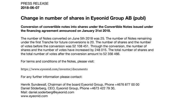 Change in number of shares in Eyeonid Group AB (publ)