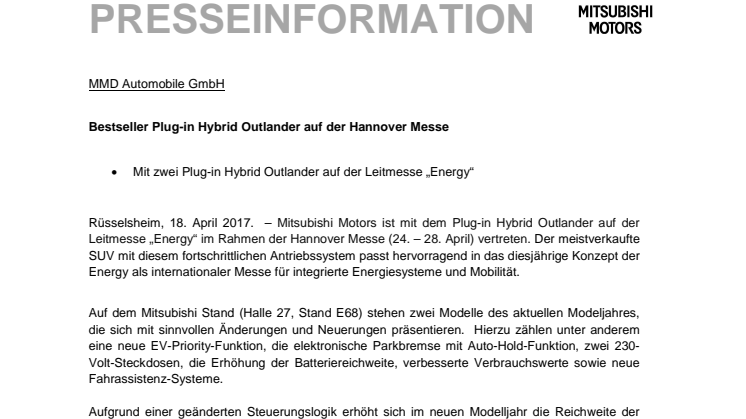 Bestseller Plug-in Hybrid Outlander auf der Hannover Messe