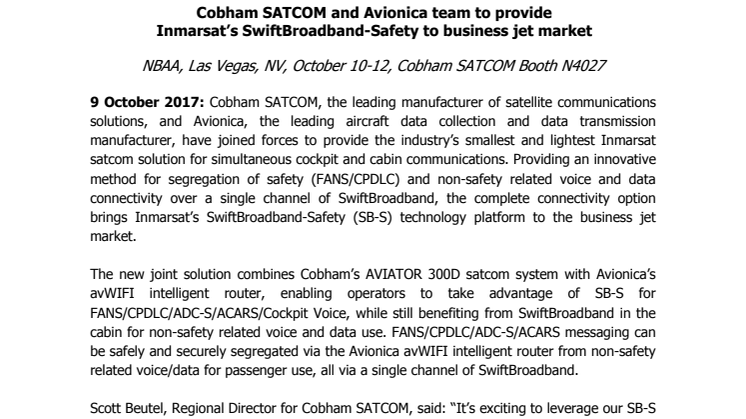 Cobham SATCOM and Avionica team to provide  Inmarsat’s SwiftBroadband-Safety to business jet market
