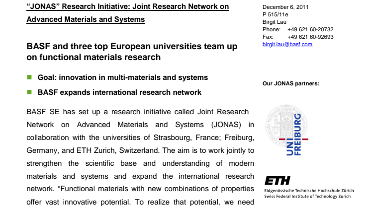 BASF og anerkendte europæiske universiteter starter samarbejde om forskning af funktionelle materialer