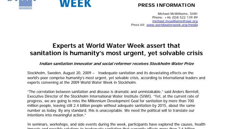 Indian Sanitation Innovator Receives 2009 Stockholm Water Prize