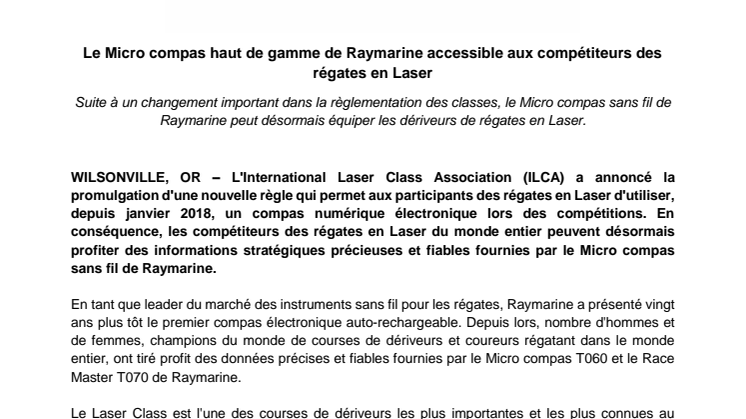 Raymarine: Le Micro compas haut de gamme de Raymarine accessible aux compétiteurs des régates en Laser