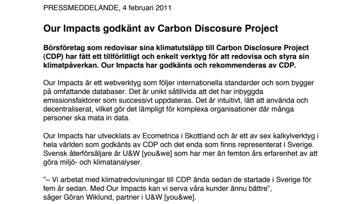Our Impacts godkänt av Carbon Discosure Project