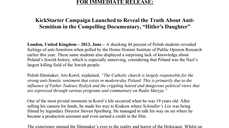 KickStarter Campaign Launched to Reveal the Truth About Anti-Semitism in the Compelling Documentary, “Hitler's Daughter”