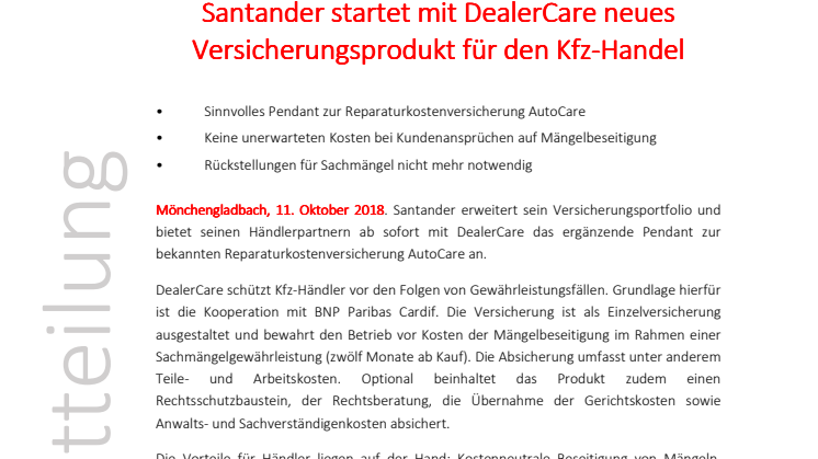 Santander startet mit DealerCare neues Versicherungsprodukt für den Kfz-Handel